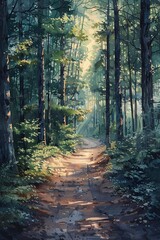 Fototapeta premium 4K serene forest scene in watercolor, cool layered tones, tranquil and detailed