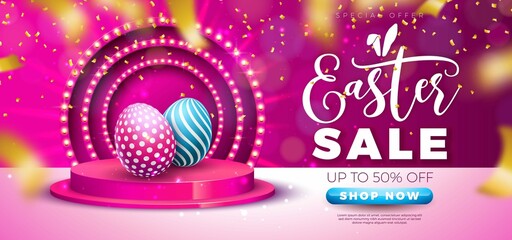 Easter Sale Illustration With Color Painted Egg Podium Light Signboard Falling Confetti