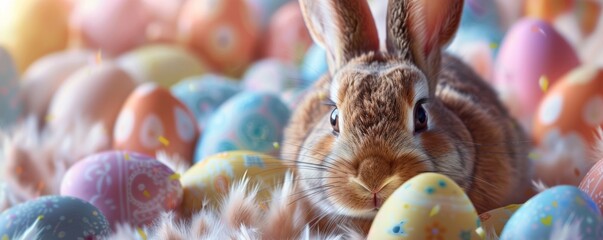 Easter bunny surrounded by decorated eggs - obrazy, fototapety, plakaty