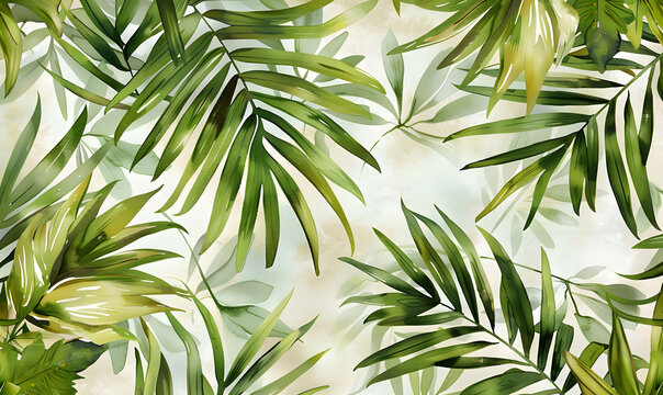 Tropical watercolor palm leaf pattern, Generative AI