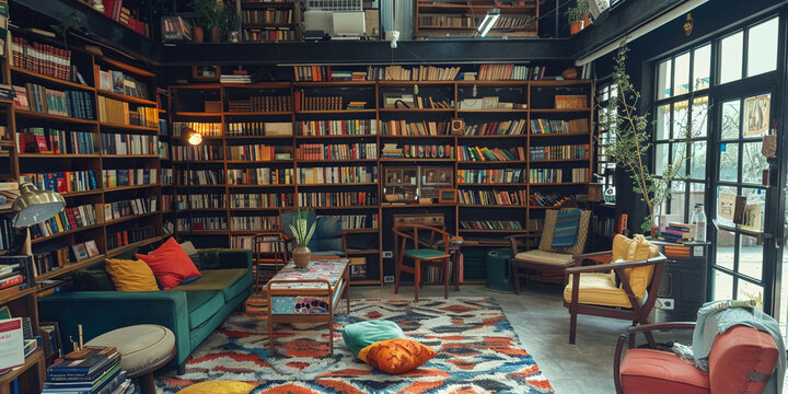 A image of the interior of a vintage bookstore with shelves of books, reading nooks, and cozy seating areas for customers