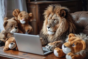 a lion using a laptop - obrazy, fototapety, plakaty