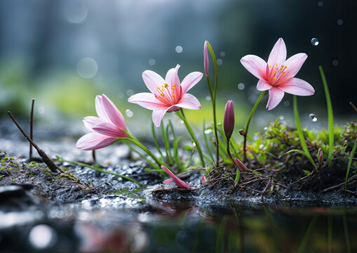 Pink rain lily flower (Zephyranthes liliifolia)