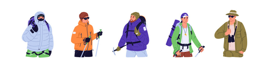 Backpackers set. Happy people trekking. Hikers with climbing equipment, binoculars, ice axe. Tourists with backpack go to summer or winter mountain travel. Flat isolated vector illustration on white