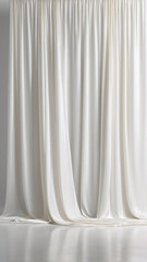Vertical white background, white clean walls in an empty room with white flowing fabric, monochrome, minimalistic style