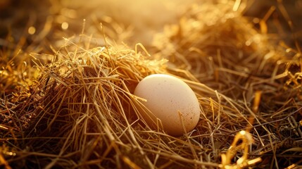 Obraz premium Egg nestled in straw at golden hour