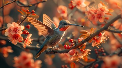 Hummingbird feeding on cherry blossoms