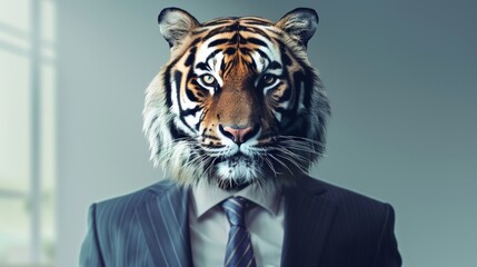 Tiger head on businessman body - concept of power and leadership - obrazy, fototapety, plakaty