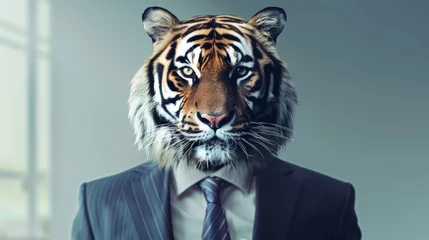 Poster Tiger head on businessman body - concept of power and leadership © iVGraphic