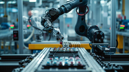 Future of robotics futuristic robots industrial and domestic robots. robots working in factory.