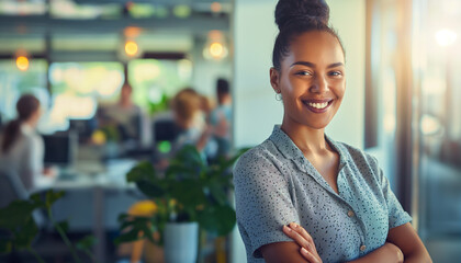 Portrait of a business woman, confident woman standing in suit, office background - obrazy, fototapety, plakaty