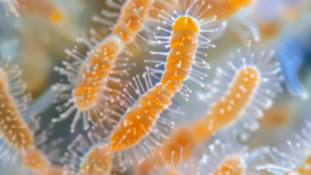 Highly magnified image showing numerous conidia clumped together their elongated shapes and spikes resembling a of ly caterpillars. . AI generation.