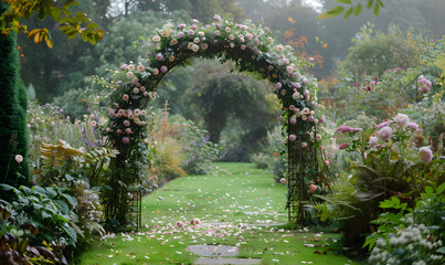 A floral arch covered in flowers creates a magical entrance to the garden, Generative AI