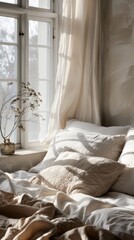 Fototapeta na wymiar Cozy bedroom interior with morning sunlight