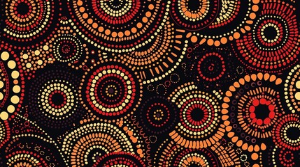 A pattern wallpaper of Aboriginal Australian Dot Art: Dot patterns in earthy red, black, and yellow hues