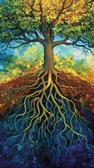 Colorful illustration of a tree with visible roots extending into the earth