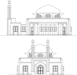 Adobe Illustrator Artwork vector design sketch illustration, architectural engineering drawing of a mosque, a place of worship for Muslims