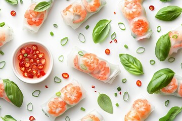 A pattern wallpaper of Vietnamese spring rolls  Fresh spring rolls with dipping sauce in a light arrangement - obrazy, fototapety, plakaty