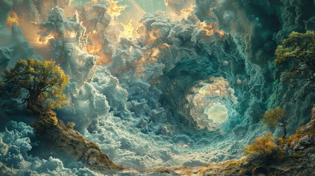 Surreal landscape with swirling clouds and trees