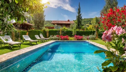 Oasis of Serenity: Swimming Pool Amidst a Beautiful Garden" background 