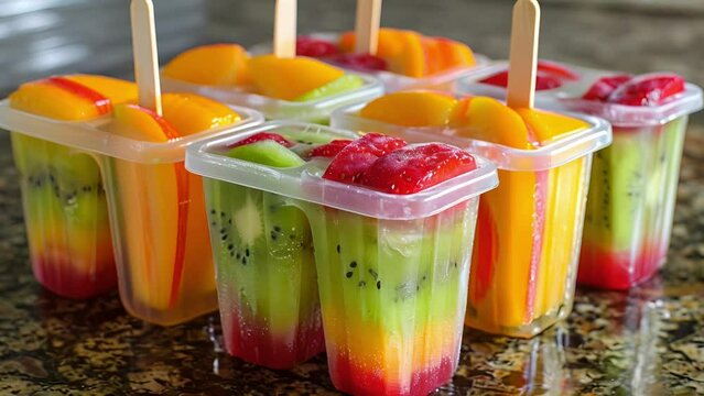 Assorted fruit popsicles arranged neatly on a kitchen counter.