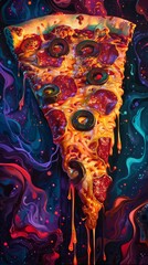 Colorful melting pizza slice with vibrant cosmic background