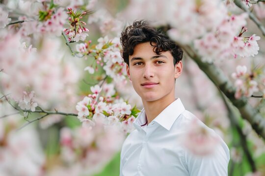 April Showers - A young man posing for a picture in front of a tree filled with pink flowers, capturing the essence of springtime and the month of April. Generative AI