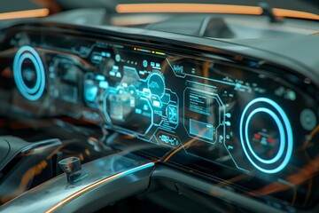 Close-up of an advanced vehicle dashboard featuring holographic technology and digital displays.
