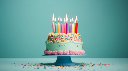 A colorful birthday cake with lit candles on top - obrazy, fototapety, plakaty