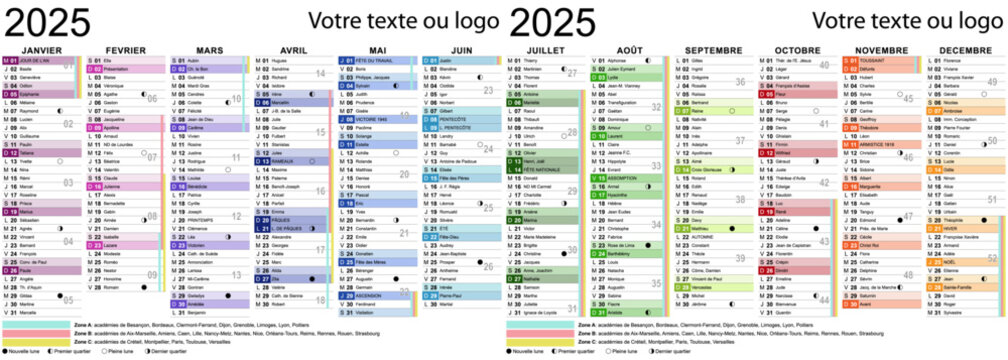 Modèle de calendrier 2025 avec  saints, fêtes et vacances scolaires pour impression - Textes vectorisés et non vectorisés sur calques séparés
