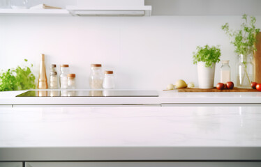 Blur selective focus of white kitchen counter island.contemporary background for food key visual...
