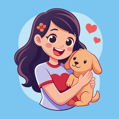 Illustrate a heartwarming scene of a girl wearing an adorable t-shirt, affectionately carrying her loyal pappy dog, creating a delightful sticker that radiates love and companionship