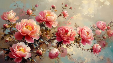Digital painting of blooming peonies