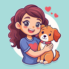 Illustrate a heartwarming scene of a girl wearing an adorable t-shirt, affectionately carrying her loyal pappy dog, creating a delightful sticker that radiates love and companionship