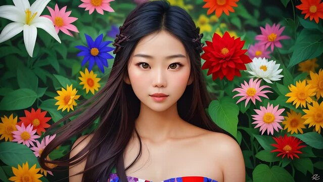 Beautiful young Asian woman with long healthy hair surrounded by flowers in a Summer garden. Natural beauty and organic skincare products, wellness concepts