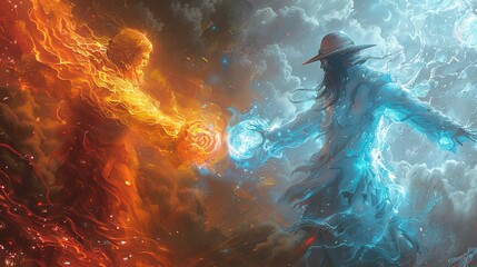 An Elementalist manipulating fire and ice in a duel with an Alchemist