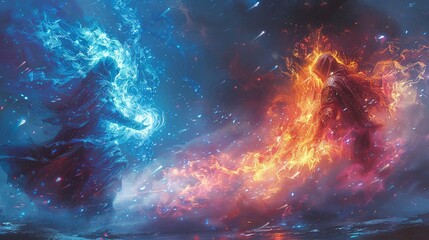 An Elementalist manipulating fire and ice in a duel with an Alchemist - obrazy, fototapety, plakaty