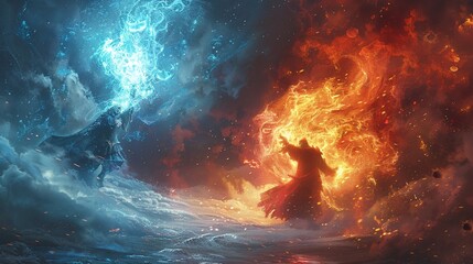 An Elementalist manipulating fire and ice in a duel with an Alchemist - obrazy, fototapety, plakaty