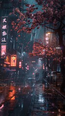 Fototapeta premium Melancholic, bitter-sweet neon sunset. Cyberpunk. City. Sakura blossom. Rain