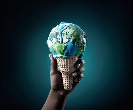 Earth ice cream melting with climate change or global warming concepts.environment protection.save the world ideas images.