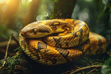 a snake coiled up in the grass - obrazy, fototapety, plakaty