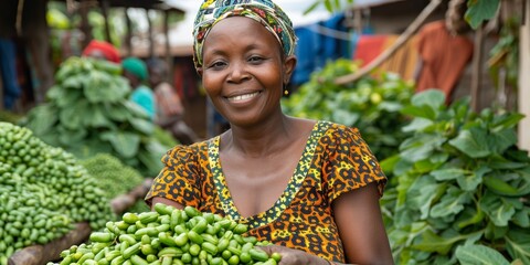 A positive and smiling mature black woman sells fresh vegetables at a colorful market stall in Africa.