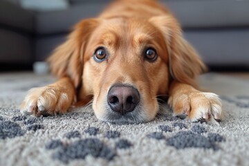 A pretty portrait captures a cute golden retriever resting peacefully on a carpet indoors.