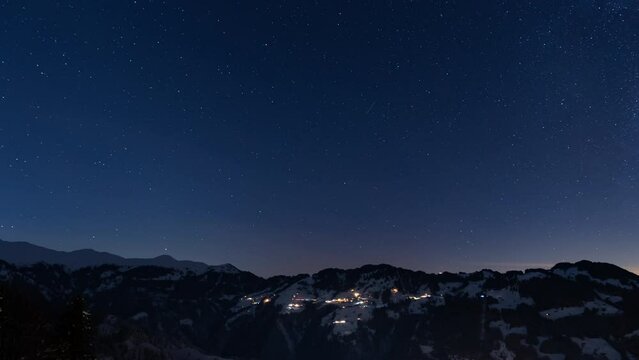 Night Winter Time Lapse Landscape in Switzerland Swiss Alps with Astro Stars and Snow Snowy Mountains