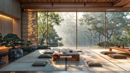 Gardinen Traditional japanese meditation room with bonsai trees © Flowal93