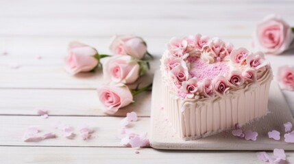 Fototapeta na wymiar A heart-shaped cake with pink frosting and pink roses on top