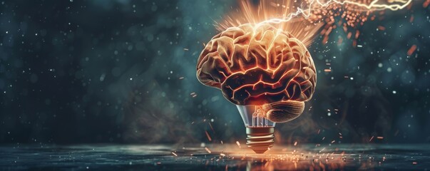 Conceptual illustration of a brain as a light bulb with electrical impulses - obrazy, fototapety, plakaty