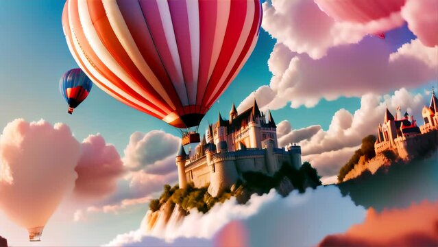 A fantasy castle atop a rugged cliff surrounded by mist, with vibrant hot air balloons floating in the ethereal sky at sunset.
