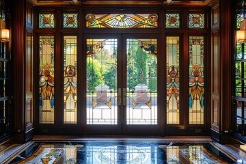a stained glass doors with a stained glass window