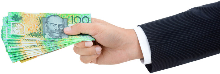 Businessman hand giving  money, Australian dollar (AUD) banknotes, PNG file no background